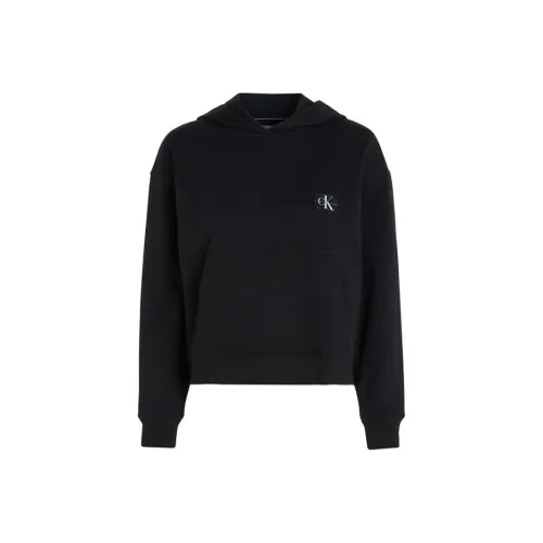CALVIN KLEIN Cotton Terry Badge Hoodie Sweatshirt Women's Black
