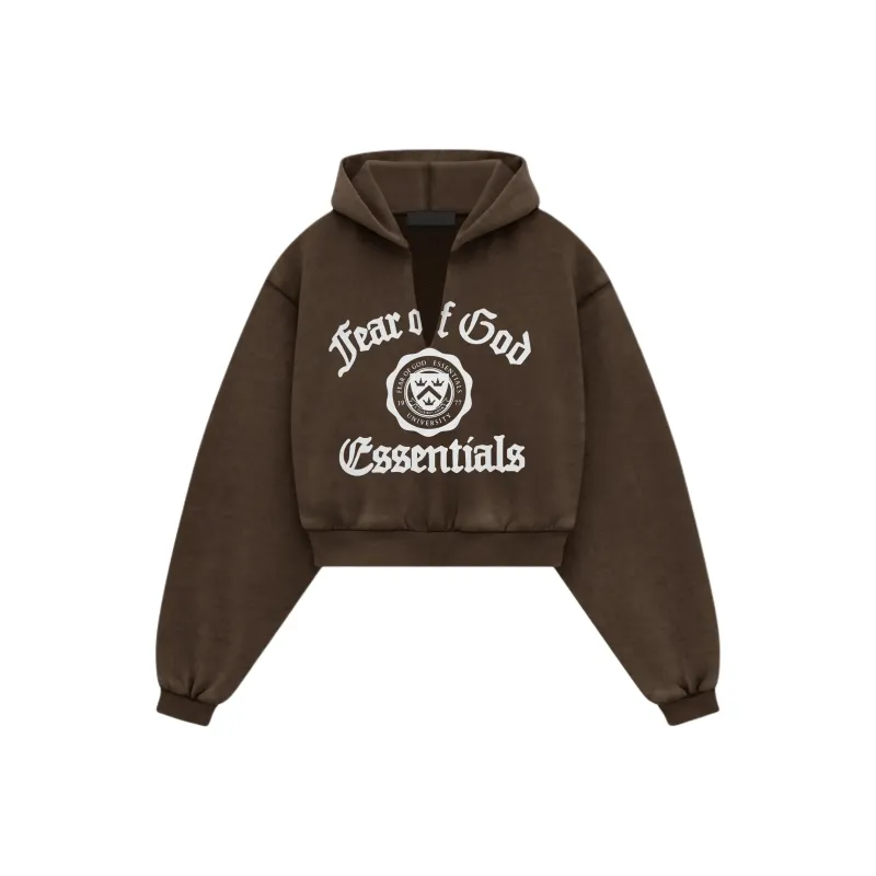 Fear Of God Essentials Women's Heavy Fleece Cropped V Neck Hoodie Brown-0