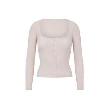 SKIMS Fake Day Collection FW24 COTTON RIB LONG SLEEVE BUTTON UP Knitwear Women's Heather Oatmeal/Sage Oatmeal Bars