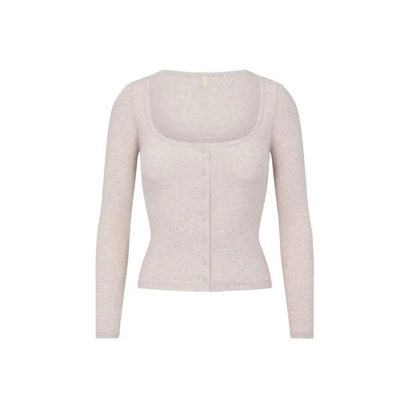 SKIMS Fake Day Collection FW24 COTTON RIB LONG SLEEVE BUTTON UP Knitwear Women's Heather Oatmeal/Sage Oatmeal Bars-0