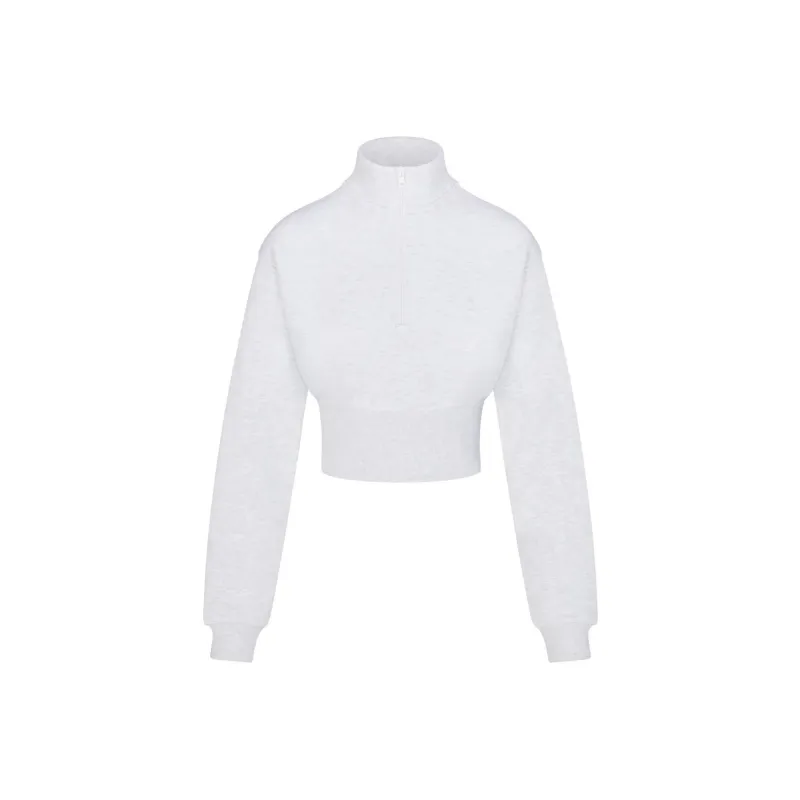 SKIMS COTTON FLEECE CROPPED HALF ZIP PULLOVER Sweatshirt Women's Light Heather Grey-0