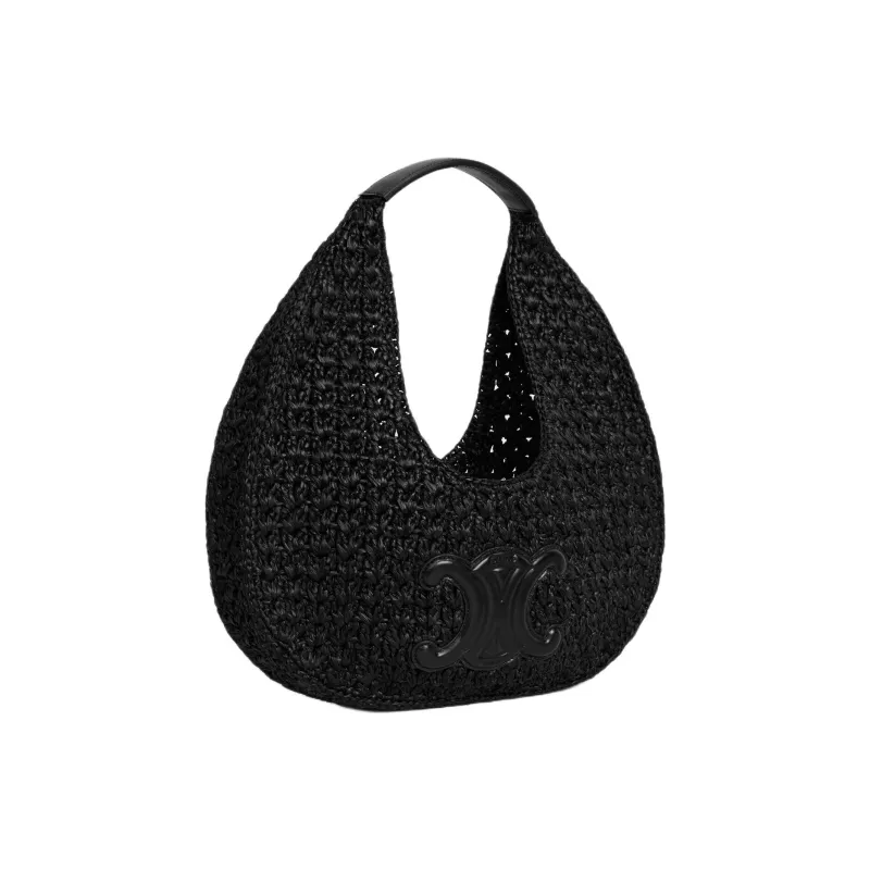 CELINE Classic Panier Series Plant Material With Cow Leather Hobo Bag, Handbag Women's Black-1