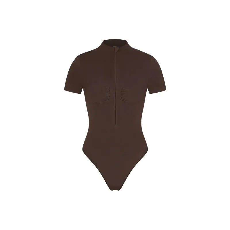 SKIMS SEAMLESS SCULPT ZIP FRONT T SHIRT THONG BODYSUIT Jumpsuit Women's ESPRESSO/Dark Coffee Color-0