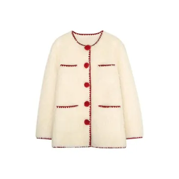 Summer Hooray Jackets Coats Women's Beige & Red Furry Ball