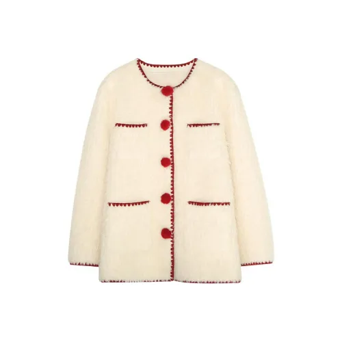 Summer Hooray Jackets Coats Women's Beige & Red Furry Ball