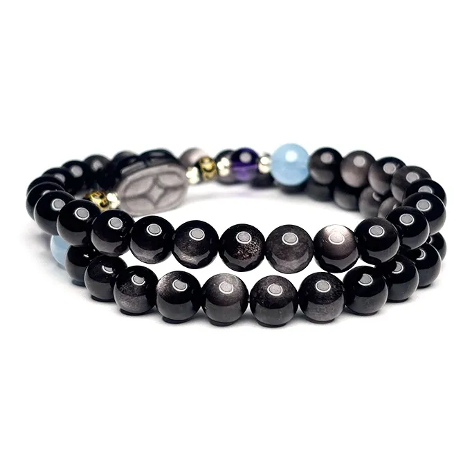 MOUNTAINS AND MANS Natural Obsidian New Chinese Style Stackable Good Luck Beaded Bracelet Unisex-2