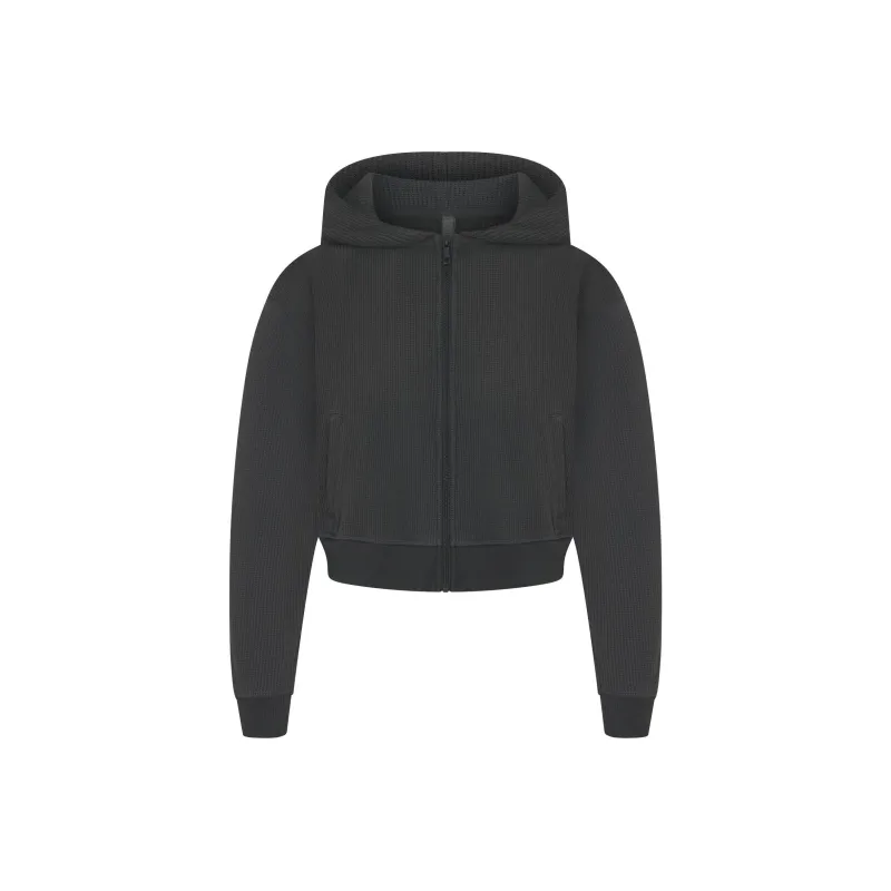 SKIMS FW24 HEAVY WAFFLE CROPPED ZIP UP HOODIE Sweatshirt Women's ASH/Ash Color-0
