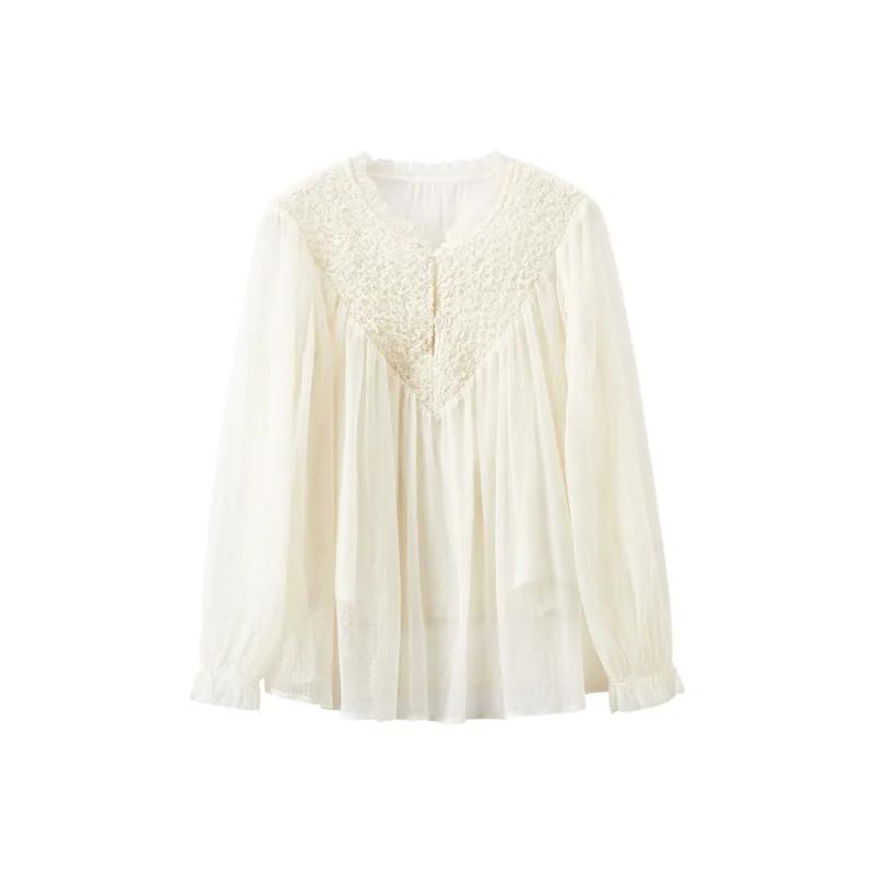 XIANGYING Chiffon Shirts Women's Beige-0