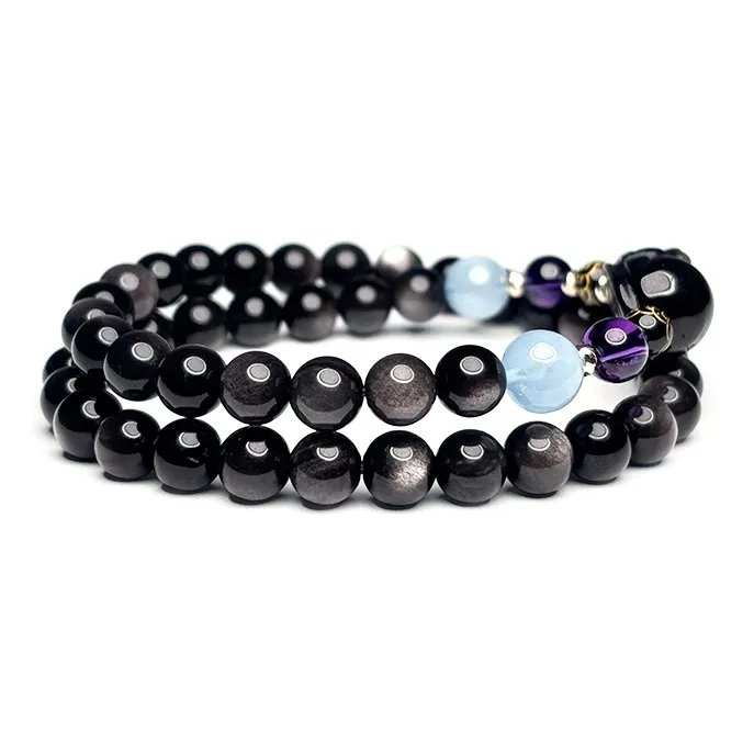 MOUNTAINS AND MANS Natural Obsidian New Chinese Style Stackable Good Luck Beaded Bracelet Unisex-1
