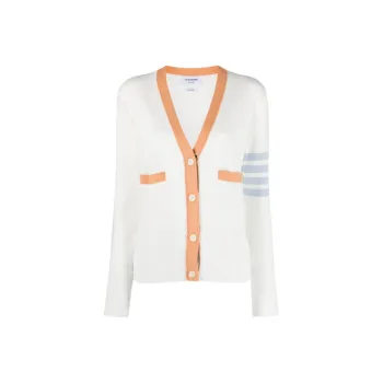 THOM BROWNE 4 Bar Striped V Neck Buttoned Cardigan