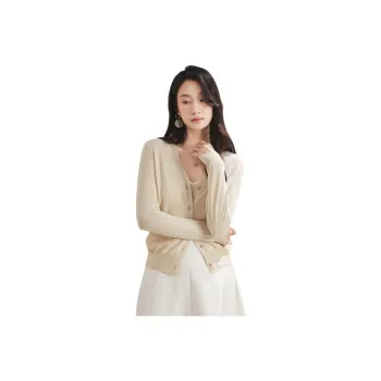 MIHUANG Cashmere Sweater Women's Bright Beige Gold Thread