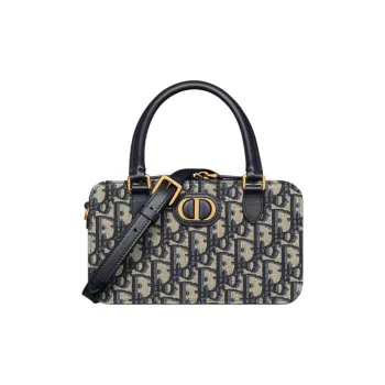 DIOR 30 Montaigne Oblique Jacquard With Smooth Calfskin Doctor Bag One Shoulder Handbag Mini Women's Beige & Blue