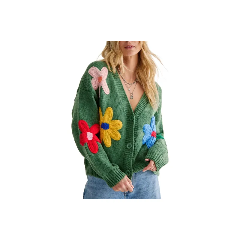 NASTY GAL Chunky Knit Flower Detail Cardigan Knitwear Women's Green-0