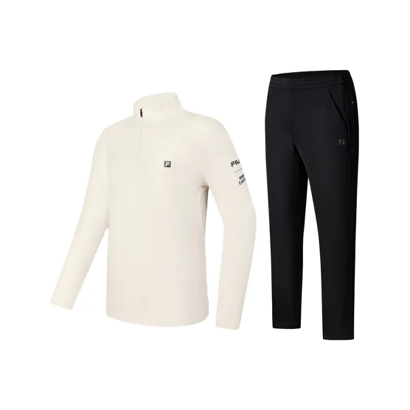 FILA Casual Sportswear Men Clothing Set Gray T Shirt+Pitch Black Pants-0