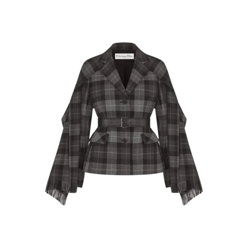 DIOR Checkered Belted Removable Scarf Jacket-0