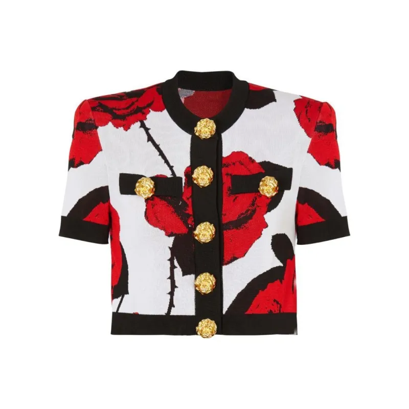 BALMAIN Floral jacquard Cropped Cardigan-0