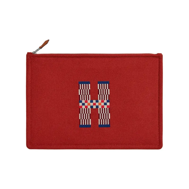 HERMES Flat H Natte Wool Clutch Large Size Women's Brown Red-0