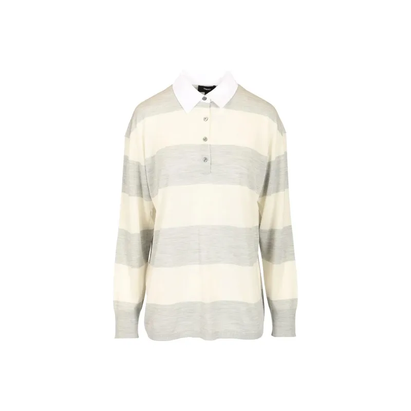 THEORY Long Sleeved Striped Polo Top-0