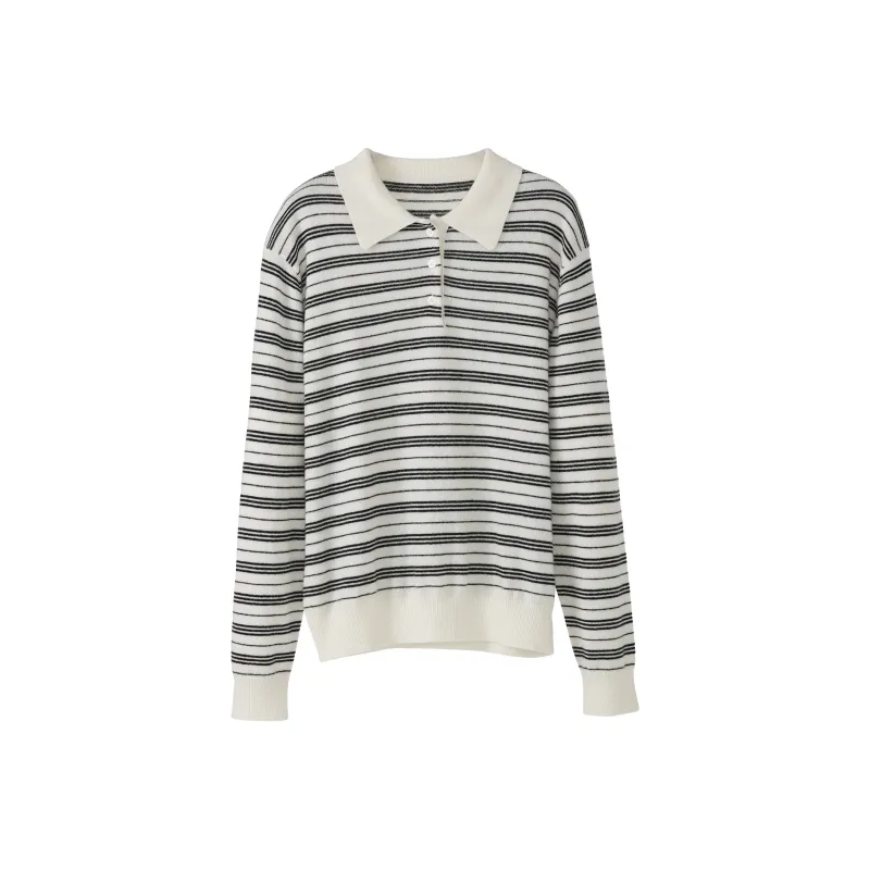 Fstudio Fall And Winter Korean Style 100% Wool Lapel Stripes Base Knitwear Women's Black-0