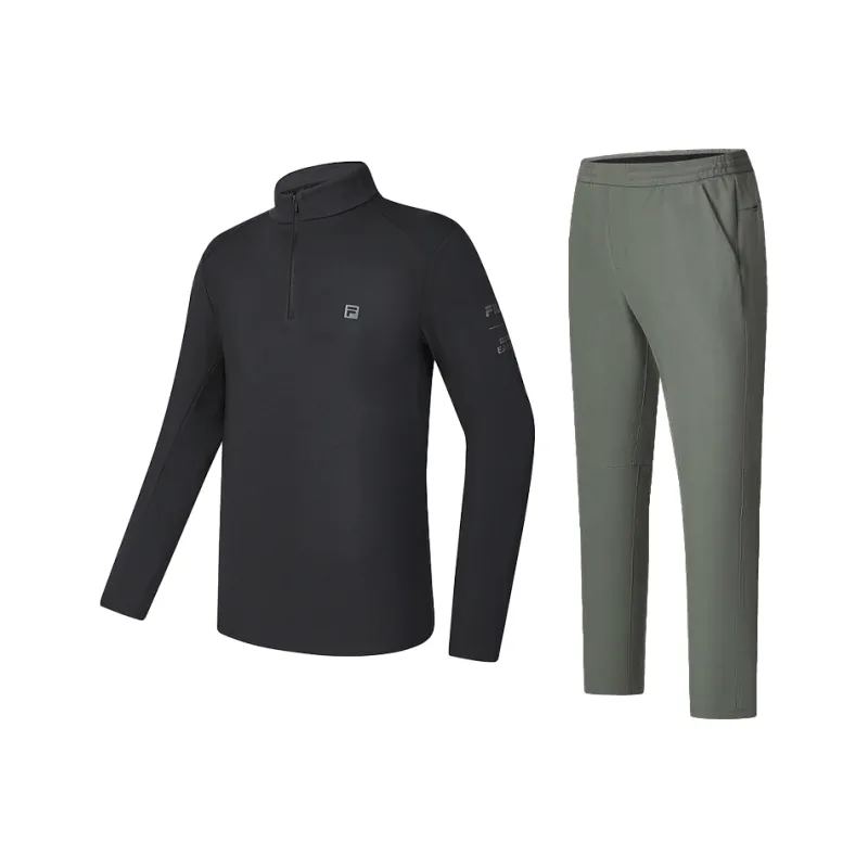 FILA Casual Sportswear Men Clothing Set Pitch Black T Shirt+Stone Olive Pants-0