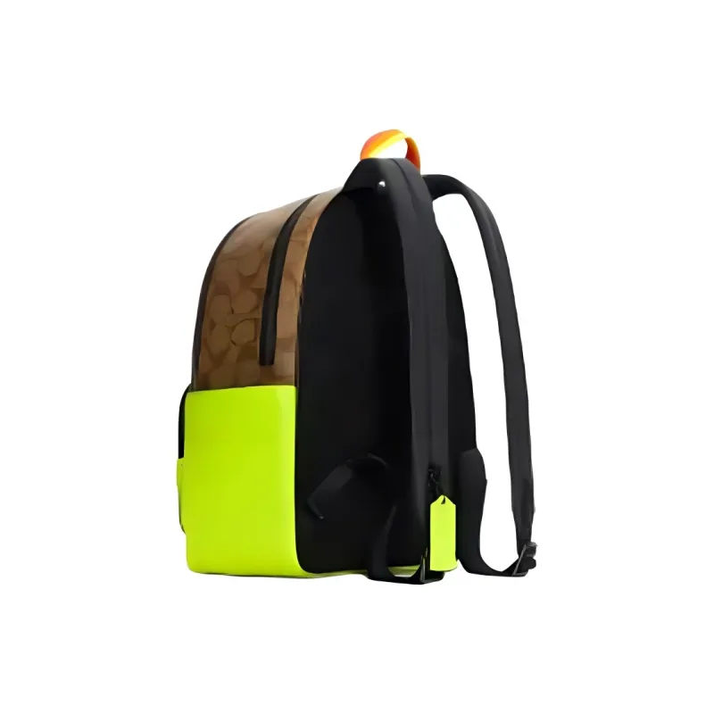 COACH Court Canvas With Leather Backpack Large Size Women's Brown & Neon Yellow Multicolor-1