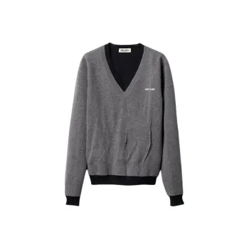 MIU MIU Silk Cashmere V Neck Sweater Grigio Blu