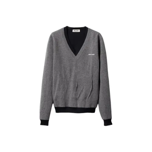 MIU MIU Silk Cashmere V Neck Sweater Grigio Blu