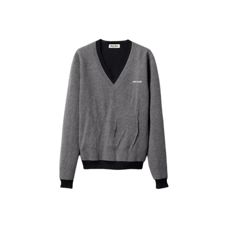 MIU MIU Silk Cashmere V Neck Sweater Grigio Blu-0
