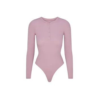 SKIMS FW24 COTTON RIB LONG SLEEVE HENLEY BODYSUIT Bodysuits Women's DUSK/Nightfall Color