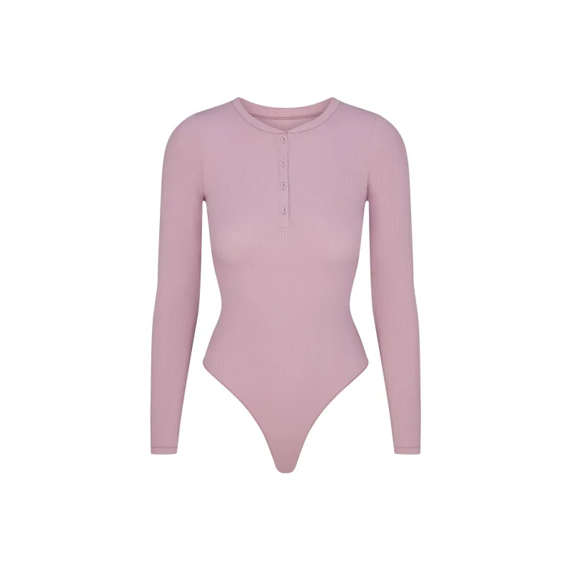 SKIMS FW24 COTTON RIB LONG SLEEVE HENLEY BODYSUIT Bodysuits Women's DUSK/Nightfall Color-0