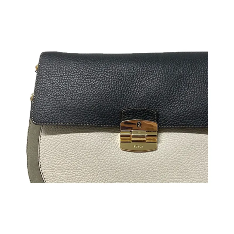Furla Club 2 Leather Saddle Bag, Crossbody Bag, Shoulder Bag Small Size Women's Black & Beige-2
