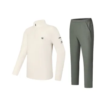 FILA Casual Sportswear Men Clothing Set Gray Wheat T Shirt+Stone Olive Pants