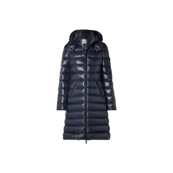 Moncler Solid Color Hooded Mid-Length Down Jacket Women's Blue