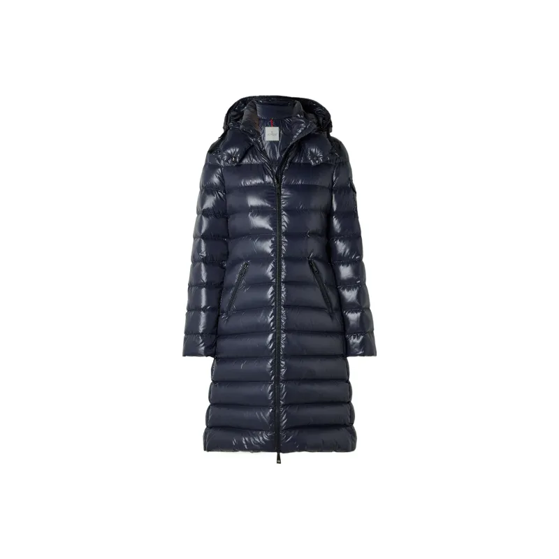 Moncler Solid Color Hooded Mid-Length Down Jacket Women's Blue-0