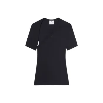 COURREGES Slash Asymmetric Neck Contrast Trim T-Shirt