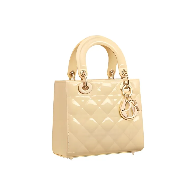 DIOR Patent Leather Calfskin Lady Dior Bag, Shoulder Bag, Crossbody Bag, Handbag Small Size Women's Light Yellow-1
