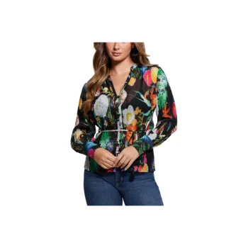 GUESS Shirt Women's Flowers On A Black Background