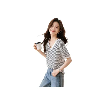 Mo Han Yi Mei T Shirt Women's Black White Stripes