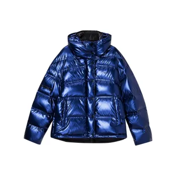 DKNY FW22 Solid Color Lapel Loose Fit Thickened Down Jacket Women's Metal Blue