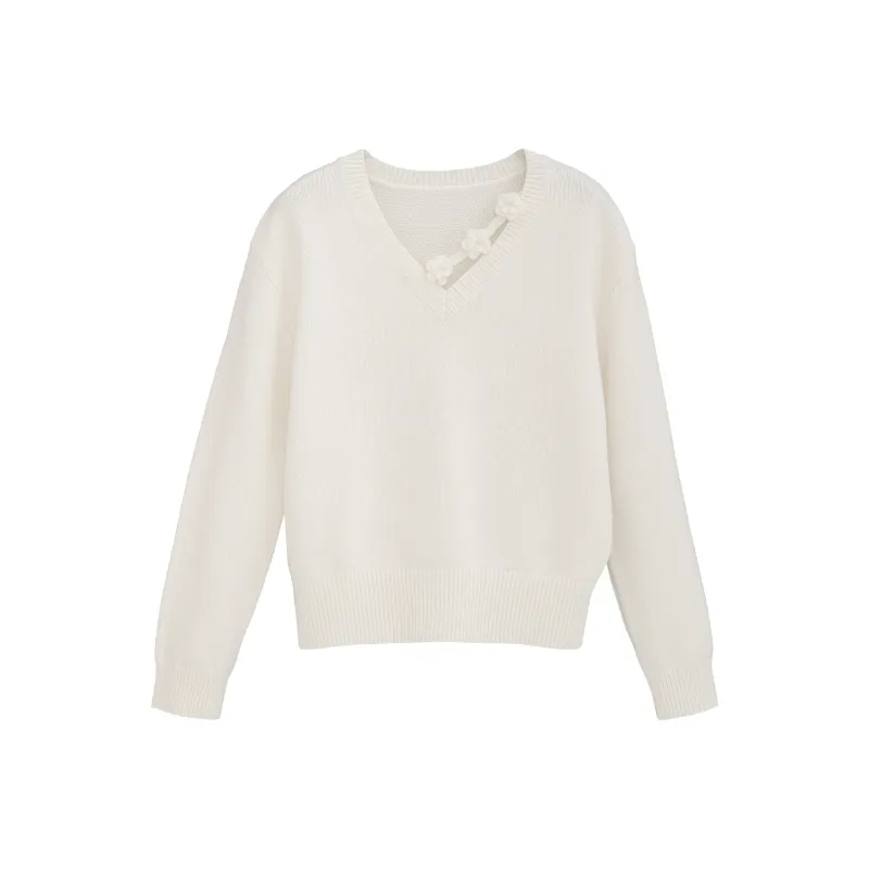Fstudio Korean Style Laid Back 100% Australian Sheep Wool V Neck Top Floral Knitted Sweater Unisex-0