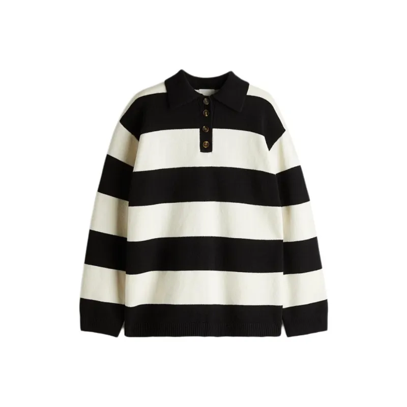 H&M Polo Shirt Women's Black/White Stripes-0