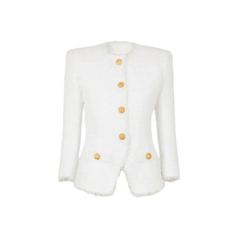 BALMAIN Long Sleeved Frayed Hem Tweed Jacket-0