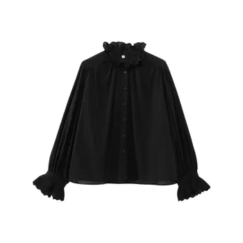 ONE SHALLOW Shirt Women's Black Embroidery Cut Out Top
