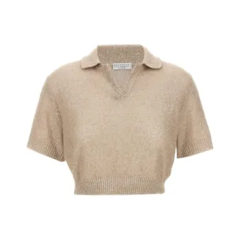 Brunello Cucinelli Sequin Embellished Cropped Knit Polo Shirt
