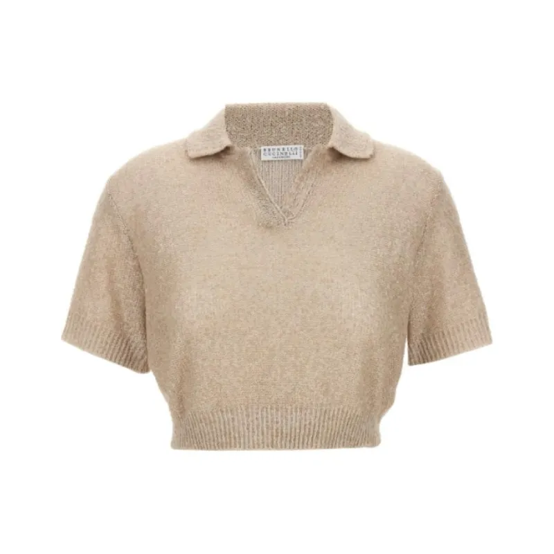 Brunello Cucinelli Sequin Embellished Cropped Knit Polo Shirt-0