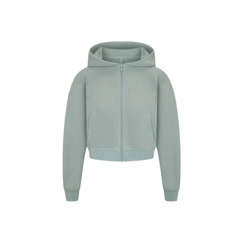 SKIMS FW24 HEAVY WAFFLE CROPPED ZIP UP HOODIE Sweatshirt Women's VAPOR/Steam Color-0