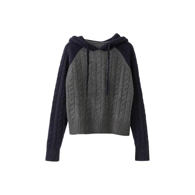 Fstudio Korean Style Fall And Winter Petite Patchwork Hooded Commute 100 Wool Knitwear Women's Coffee-6