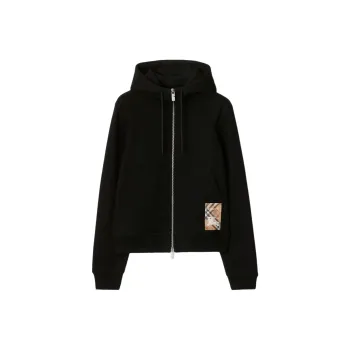 Burberry Check Label Zip Up Drawstring Hoodie