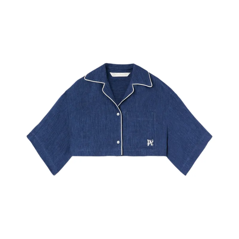 PALM ANGELS Monogram Embroidered Drop Shoulder Cropped Shirt-0