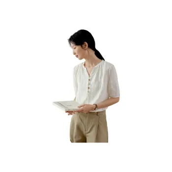 WHITEALLUSION Shirt Women's Rhombus Flower White